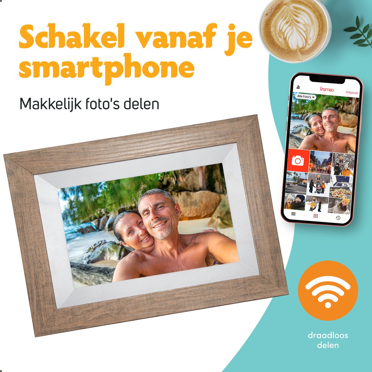 Digitale fotolijst WF-805T-LB Licht Bruin Hout Frameo WiFi Digitale fotolijst WF-805T-LB Licht Bruin Hout Frameo WiFi